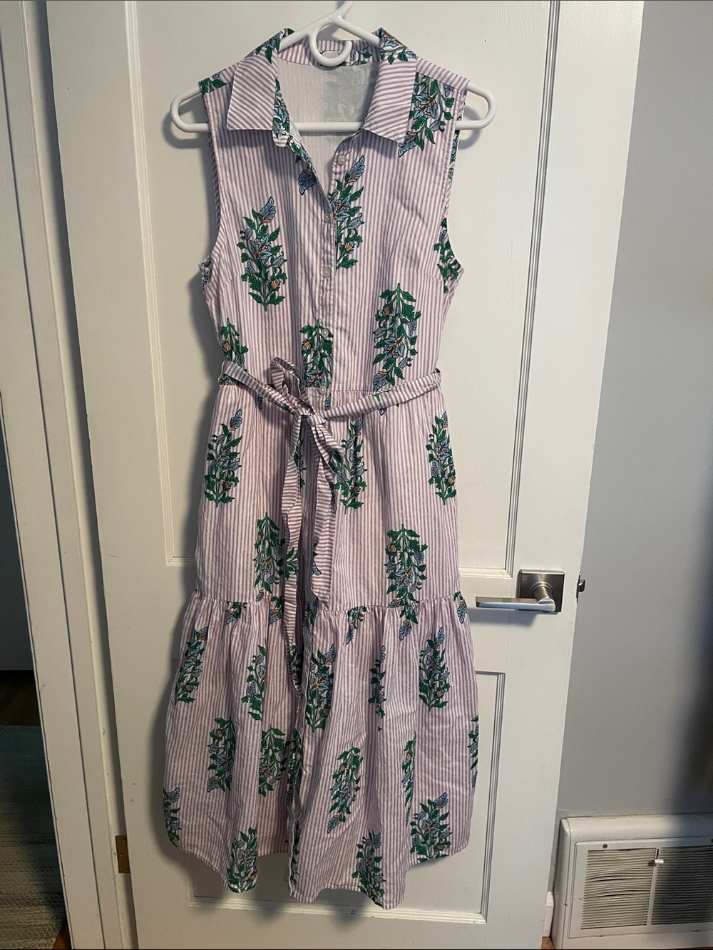 J. Crew Sleeveless Striped Button Down Floral Tie-Waist Dress